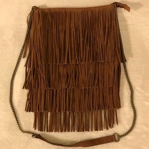 Tan faux suede fringe purse, NWOT